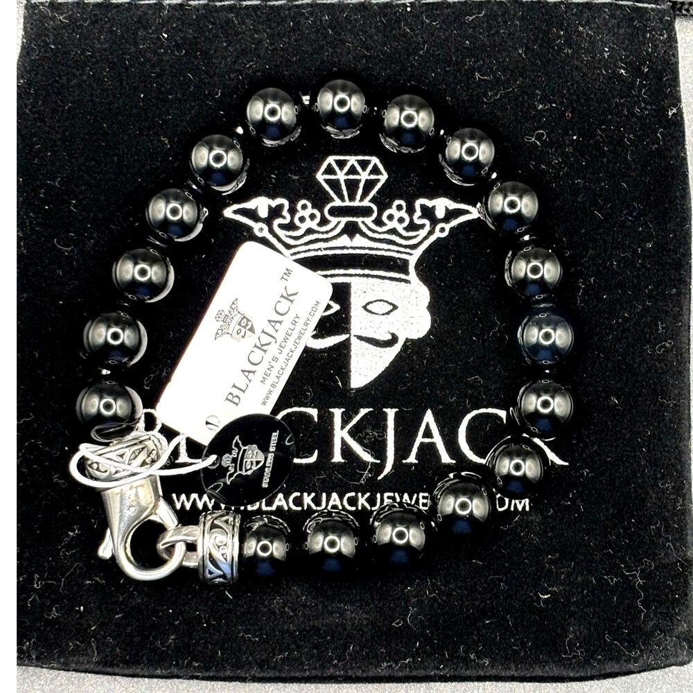 Blackjack BJS244BSO Men's Black Onyx Beaded Bracelet Stainless Steel NIBWT - Picture 3 of 15